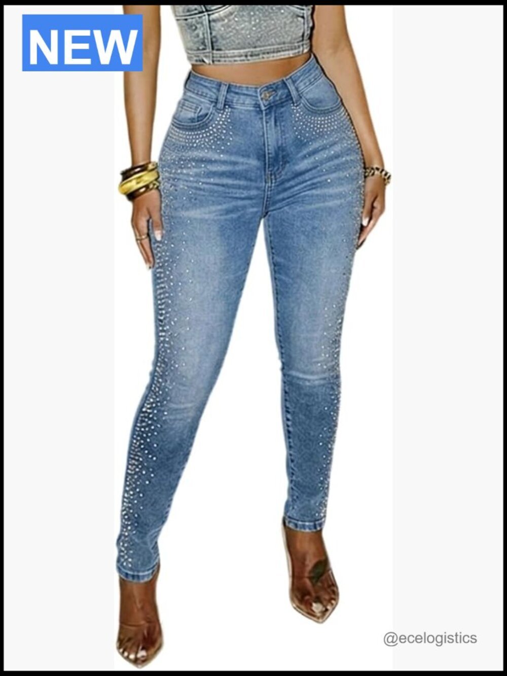 High Waisted Rhinestone Skinny Jeans Stretchy Denim Party